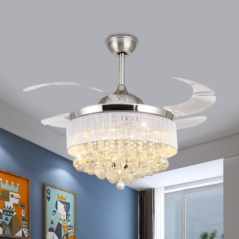 Modern Cascading Semi Flush Light Crystal Ball Living Room LED Pendant Fan Lamp in Chrome with 4-Blade, 19" Wide Clearhalo 'Ceiling Fans with Lights' 'Ceiling Fans' 'Modern Ceiling Fans' 'Modern' Lighting' 1724855