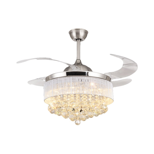 Modern Cascading Semi Flush Light Crystal Ball Living Room LED Pendant Fan Lamp in Chrome with 4-Blade, 19" Wide Clearhalo 'Ceiling Fans with Lights' 'Ceiling Fans' 'Modern Ceiling Fans' 'Modern' Lighting' 1724856