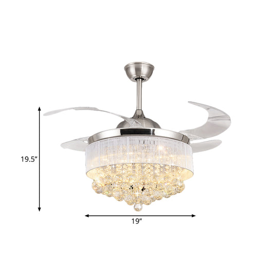 Modern Cascading Semi Flush Light Crystal Ball Living Room LED Pendant Fan Lamp in Chrome with 4-Blade, 19" Wide Clearhalo 'Ceiling Fans with Lights' 'Ceiling Fans' 'Modern Ceiling Fans' 'Modern' Lighting' 1724857
