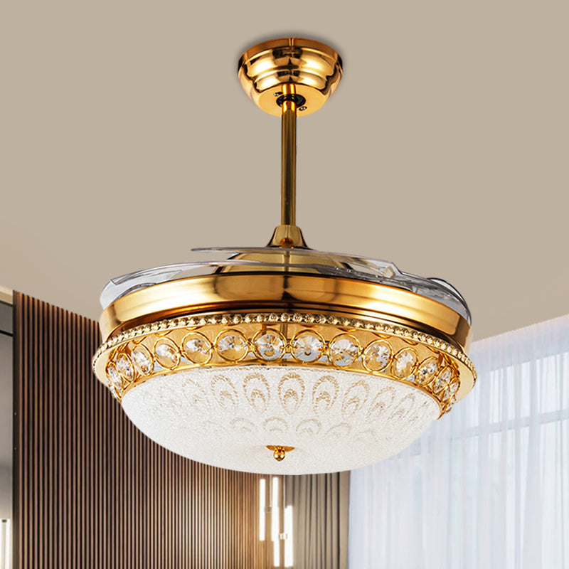 4-Blade Textured Glass Dome Semi Flush Simple Style 19" Width LED Ceiling Fan Light Fixture in Gold Gold Clearhalo 'Ceiling Fans with Lights' 'Ceiling Fans' 'Modern Ceiling Fans' 'Modern' Lighting' 1724858