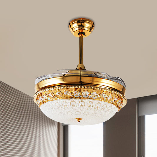 4-Blade Textured Glass Dome Semi Flush Simple Style 19" Width LED Ceiling Fan Light Fixture in Gold Clearhalo 'Ceiling Fans with Lights' 'Ceiling Fans' 'Modern Ceiling Fans' 'Modern' Lighting' 1724859