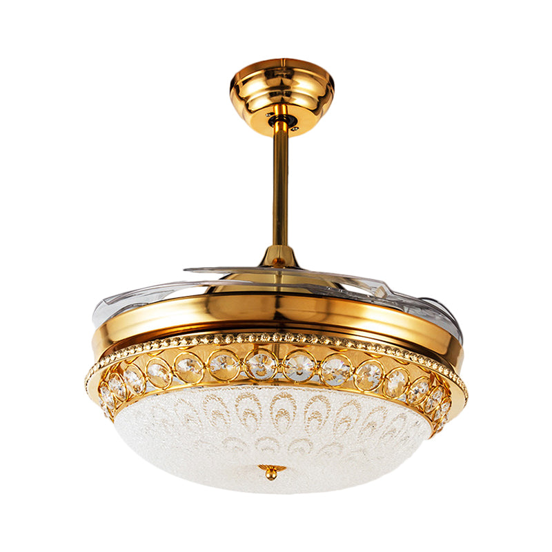 4-Blade Textured Glass Dome Semi Flush Simple Style 19" Width LED Ceiling Fan Light Fixture in Gold Clearhalo 'Ceiling Fans with Lights' 'Ceiling Fans' 'Modern Ceiling Fans' 'Modern' Lighting' 1724860