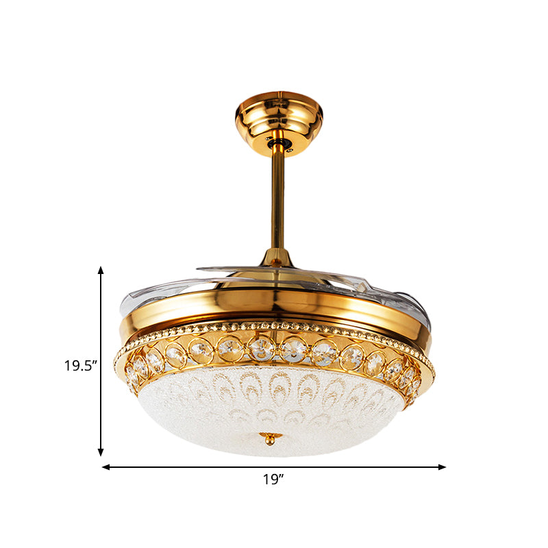 4-Blade Textured Glass Dome Semi Flush Simple Style 19" Width LED Ceiling Fan Light Fixture in Gold Clearhalo 'Ceiling Fans with Lights' 'Ceiling Fans' 'Modern Ceiling Fans' 'Modern' Lighting' 1724861