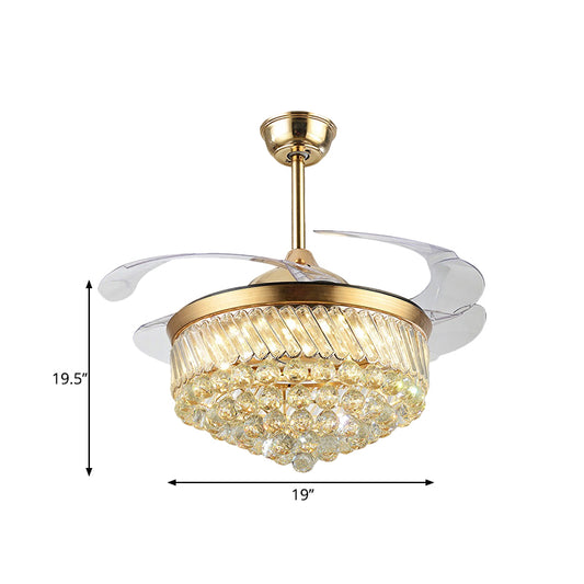Crystal Orbs Cone Hanging Fan Light Contemporary 19" Wide LED Gold Semi Mount Lighting with 4 Blades Clearhalo 'Ceiling Fans with Lights' 'Ceiling Fans' 'Modern Ceiling Fans' 'Modern' Lighting' 1724865