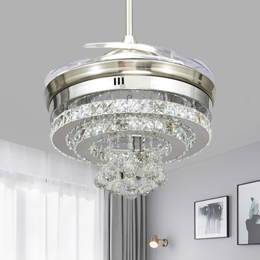 Minimalist LED Pendant Fan Light Chrome Circle 4 Blades Semi Flush Mount with Beveled Crystal Shade, 19" W Clearhalo 'Ceiling Fans with Lights' 'Ceiling Fans' 'Modern Ceiling Fans' 'Modern' Lighting' 1724871