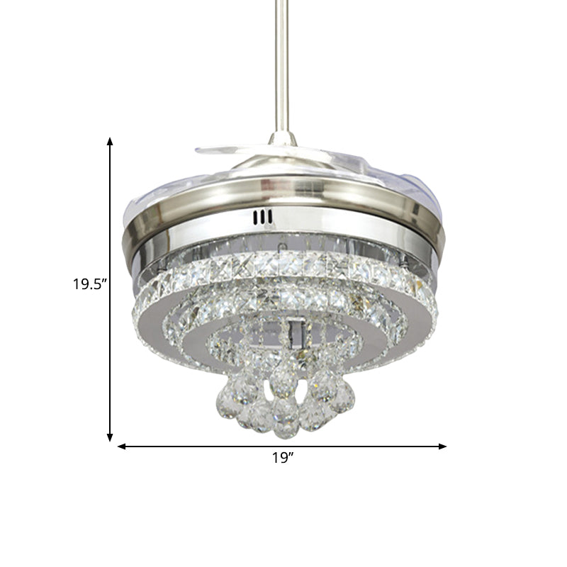 Minimalist LED Pendant Fan Light Chrome Circle 4 Blades Semi Flush Mount with Beveled Crystal Shade, 19" W Clearhalo 'Ceiling Fans with Lights' 'Ceiling Fans' 'Modern Ceiling Fans' 'Modern' Lighting' 1724873