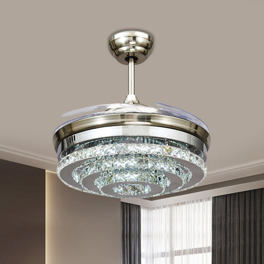 Tiered Round Crystal Block Semi Flush Modernism LED Chrome Pendant Fan Light Fixture, 19" Width Clearhalo 'Ceiling Fans with Lights' 'Ceiling Fans' 'Modern Ceiling Fans' 'Modern' Lighting' 1724875