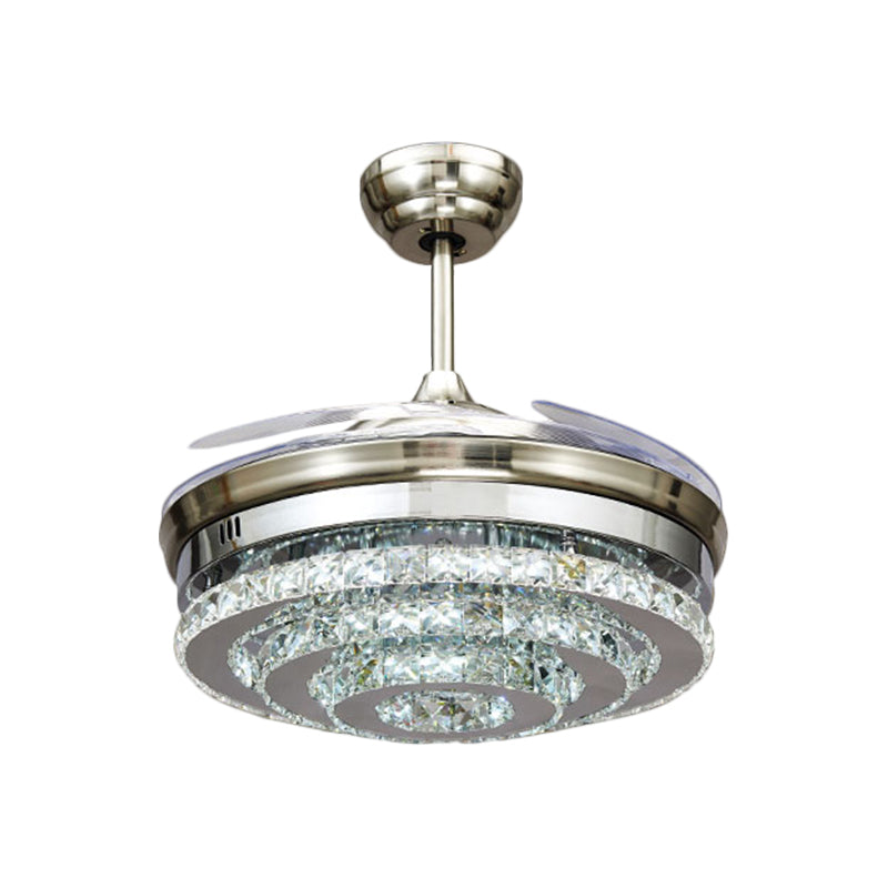 Tiered Round Crystal Block Semi Flush Modernism LED Chrome Pendant Fan Light Fixture, 19" Width Clearhalo 'Ceiling Fans with Lights' 'Ceiling Fans' 'Modern Ceiling Fans' 'Modern' Lighting' 1724876