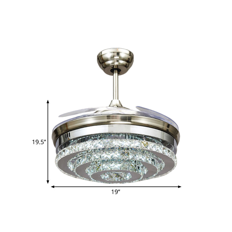 Tiered Round Crystal Block Semi Flush Modernism LED Chrome Pendant Fan Light Fixture, 19" Width Clearhalo 'Ceiling Fans with Lights' 'Ceiling Fans' 'Modern Ceiling Fans' 'Modern' Lighting' 1724877
