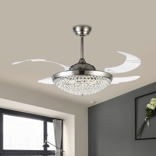 19" W Domed Semi Flush Mount Lamp Minimalist Crystal Encrusted LED Nickel Ceiling Fan Light, 4 Blades Clearhalo 'Ceiling Fans with Lights' 'Ceiling Fans' 'Modern Ceiling Fans' 'Modern' Lighting' 1724888