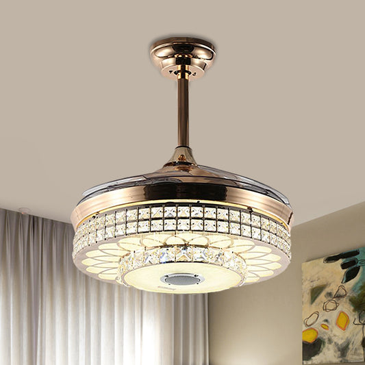 LED Parlor Hanging Fan Light Modern Gold 4 Blades Semi Flush Light with Round Faceted Crystal Shade, 19" W Gold Clearhalo 'Ceiling Fans with Lights' 'Ceiling Fans' 'Modern Ceiling Fans' 'Modern' Lighting' 1724891