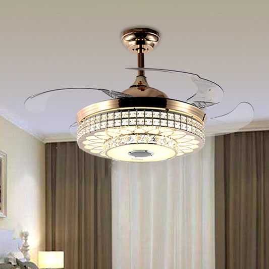 LED Parlor Hanging Fan Light Modern Gold 4 Blades Semi Flush Light with Round Faceted Crystal Shade, 19" W Clearhalo 'Ceiling Fans with Lights' 'Ceiling Fans' 'Modern Ceiling Fans' 'Modern' Lighting' 1724892