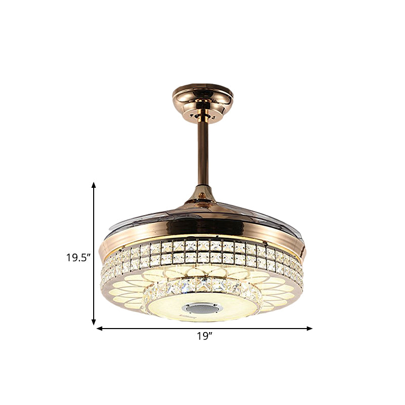 LED Parlor Hanging Fan Light Modern Gold 4 Blades Semi Flush Light with Round Faceted Crystal Shade, 19" W Clearhalo 'Ceiling Fans with Lights' 'Ceiling Fans' 'Modern Ceiling Fans' 'Modern' Lighting' 1724894