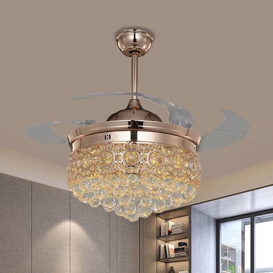 19" W Cascading Semi Flush Lighting Simplicity Beveled Crystal Great Room LED Hanging Fan Lamp in Rose Gold, 4-Blade Clearhalo 'Ceiling Fans with Lights' 'Ceiling Fans' 'Modern Ceiling Fans' 'Modern' Lighting' 1724896