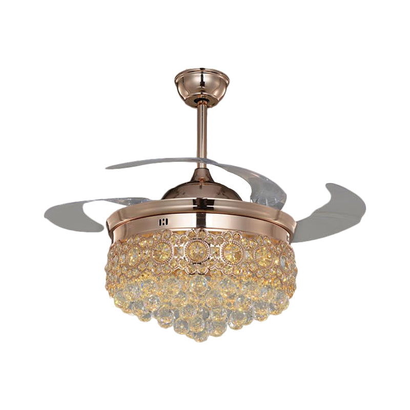 19" W Cascading Semi Flush Lighting Simplicity Beveled Crystal Great Room LED Hanging Fan Lamp in Rose Gold, 4-Blade Clearhalo 'Ceiling Fans with Lights' 'Ceiling Fans' 'Modern Ceiling Fans' 'Modern' Lighting' 1724897