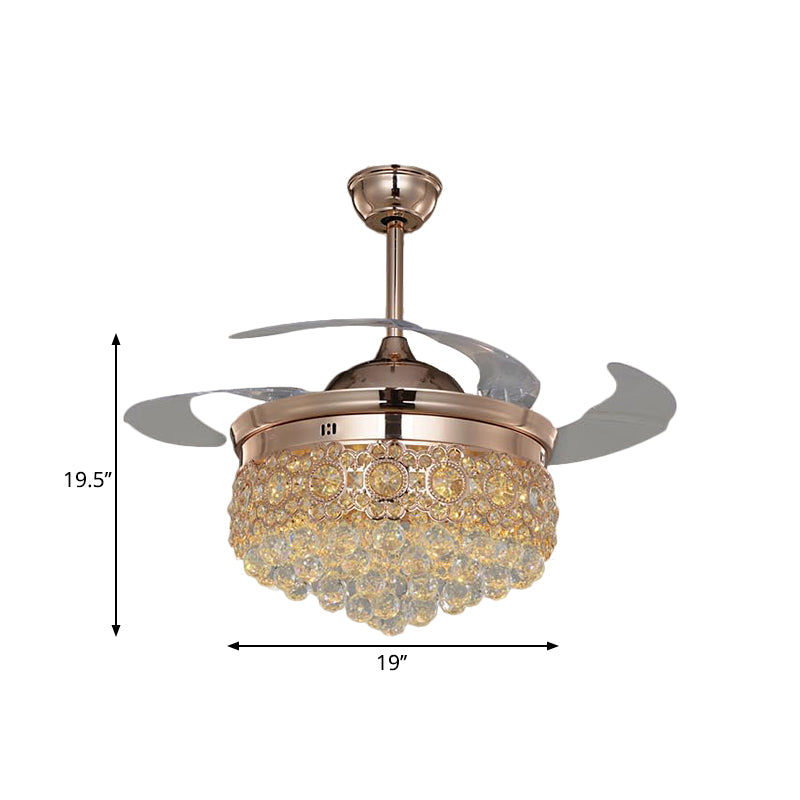 19" W Cascading Semi Flush Lighting Simplicity Beveled Crystal Great Room LED Hanging Fan Lamp in Rose Gold, 4-Blade Clearhalo 'Ceiling Fans with Lights' 'Ceiling Fans' 'Modern Ceiling Fans' 'Modern' Lighting' 1724898