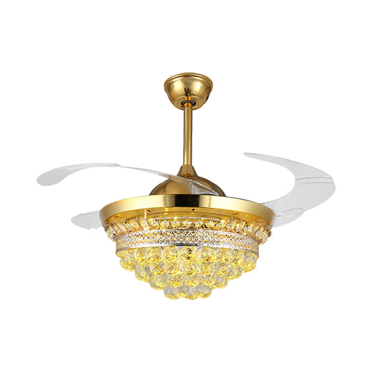 4 Blades Simple Conic Pendant Fan Lamp Crystal Ball LED Parlor Semi Flush Light Fixture in Gold, 19" Width Clearhalo 'Ceiling Fans with Lights' 'Ceiling Fans' 'Modern Ceiling Fans' 'Modern' Lighting' 1724901