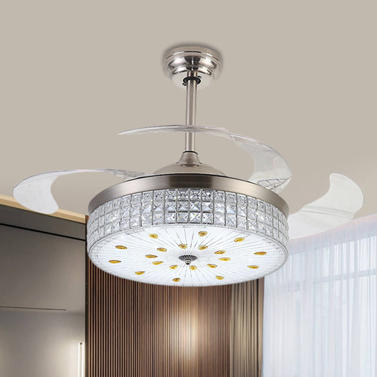 Frosted Glass Drum Semi Mount Lighting Modernist 19" W LED Pendant Fan Light with Crystal Deco in Chrome, 4-Blade Chrome Clearhalo 'Ceiling Fans with Lights' 'Ceiling Fans' 'Modern Ceiling Fans' 'Modern' Lighting' 1724903