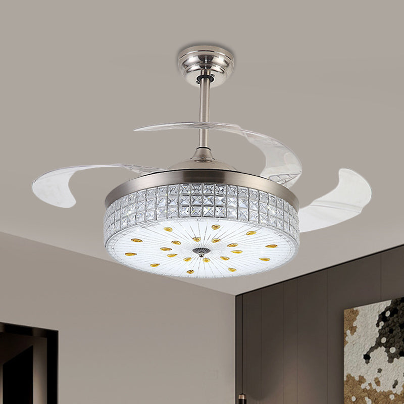 Frosted Glass Drum Semi Mount Lighting Modernist 19" W LED Pendant Fan Light with Crystal Deco in Chrome, 4-Blade Clearhalo 'Ceiling Fans with Lights' 'Ceiling Fans' 'Modern Ceiling Fans' 'Modern' Lighting' 1724904
