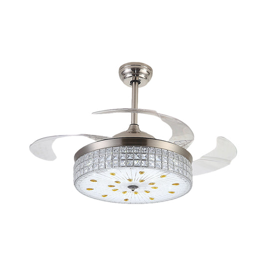Frosted Glass Drum Semi Mount Lighting Modernist 19" W LED Pendant Fan Light with Crystal Deco in Chrome, 4-Blade Clearhalo 'Ceiling Fans with Lights' 'Ceiling Fans' 'Modern Ceiling Fans' 'Modern' Lighting' 1724905