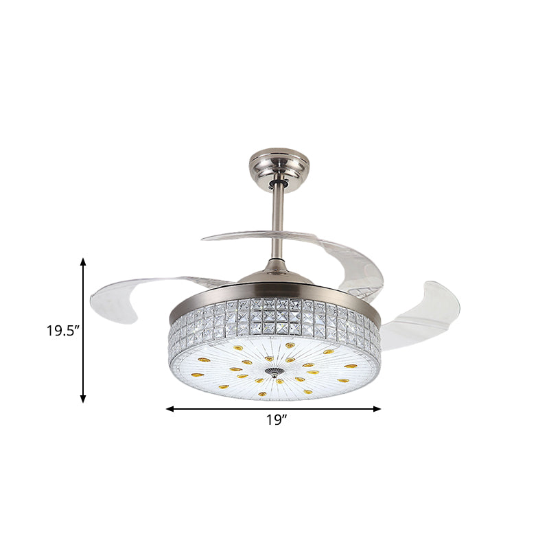 Frosted Glass Drum Semi Mount Lighting Modernist 19" W LED Pendant Fan Light with Crystal Deco in Chrome, 4-Blade Clearhalo 'Ceiling Fans with Lights' 'Ceiling Fans' 'Modern Ceiling Fans' 'Modern' Lighting' 1724906