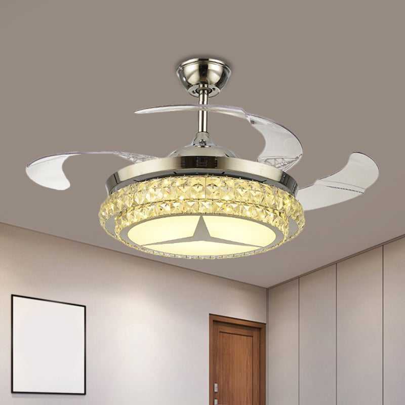 Crystal Block Round Ceiling Fan Lamp Simple 19" W LED Gold Semi Mount Lighting with Star/Floral Design, 4 Blades Chrome A Clearhalo 'Ceiling Fans with Lights' 'Ceiling Fans' 'Modern Ceiling Fans' 'Modern' Lighting' 1724907