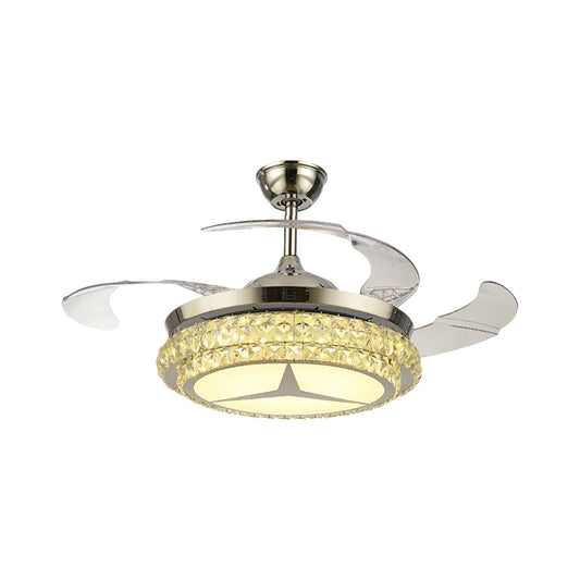 Crystal Block Round Ceiling Fan Lamp Simple 19" W LED Gold Semi Mount Lighting with Star/Floral Design, 4 Blades Clearhalo 'Ceiling Fans with Lights' 'Ceiling Fans' 'Modern Ceiling Fans' 'Modern' Lighting' 1724909
