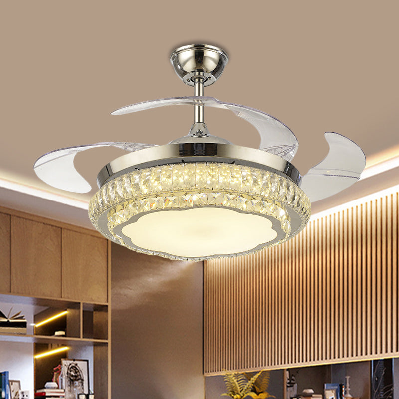 Crystal Block Round Ceiling Fan Lamp Simple 19" W LED Gold Semi Mount Lighting with Star/Floral Design, 4 Blades Clearhalo 'Ceiling Fans with Lights' 'Ceiling Fans' 'Modern Ceiling Fans' 'Modern' Lighting' 1724912