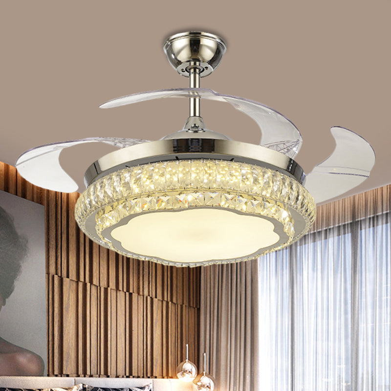 Crystal Block Round Ceiling Fan Lamp Simple 19" W LED Gold Semi Mount Lighting with Star/Floral Design, 4 Blades Clearhalo 'Ceiling Fans with Lights' 'Ceiling Fans' 'Modern Ceiling Fans' 'Modern' Lighting' 1724913