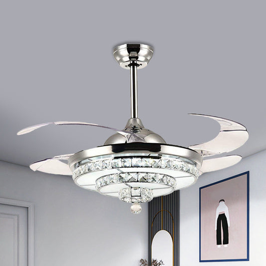 4-Blade Chrome LED Tiered Semi Flush Contemporary Crystal Block Ceiling Fan Lighting Fixture, 19" Wide Chrome Clearhalo 'Ceiling Fans with Lights' 'Ceiling Fans' 'Modern Ceiling Fans' 'Modern' Lighting' 1724916