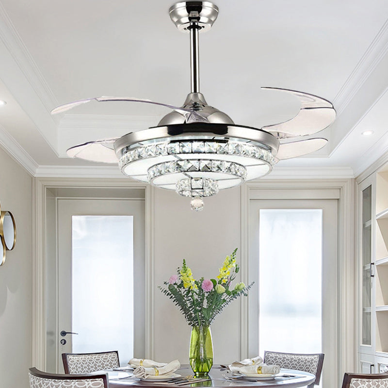 4-Blade Chrome LED Tiered Semi Flush Contemporary Crystal Block Ceiling Fan Lighting Fixture, 19" Wide Clearhalo 'Ceiling Fans with Lights' 'Ceiling Fans' 'Modern Ceiling Fans' 'Modern' Lighting' 1724917
