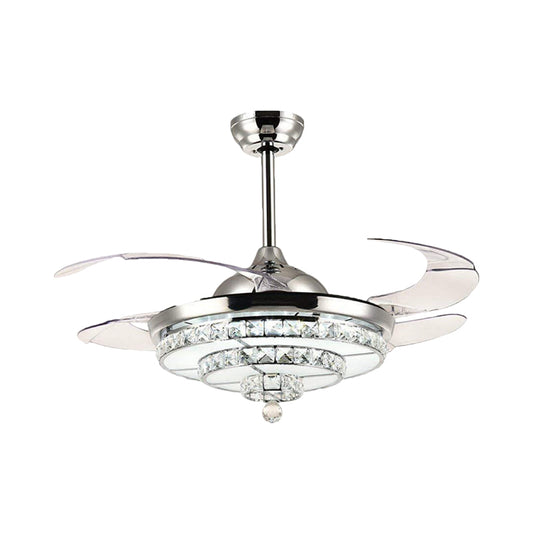4-Blade Chrome LED Tiered Semi Flush Contemporary Crystal Block Ceiling Fan Lighting Fixture, 19" Wide Clearhalo 'Ceiling Fans with Lights' 'Ceiling Fans' 'Modern Ceiling Fans' 'Modern' Lighting' 1724918