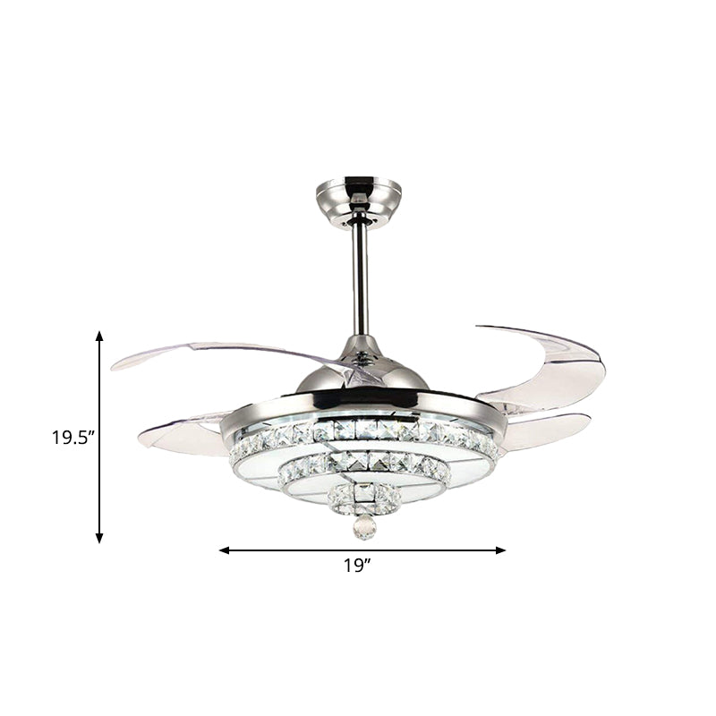 4-Blade Chrome LED Tiered Semi Flush Contemporary Crystal Block Ceiling Fan Lighting Fixture, 19" Wide Clearhalo 'Ceiling Fans with Lights' 'Ceiling Fans' 'Modern Ceiling Fans' 'Modern' Lighting' 1724919