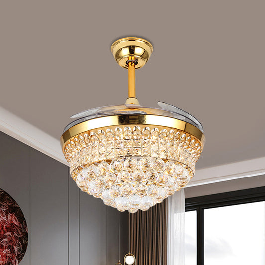 Tapered Beveled Crystal Semi Flush Lamp Minimalist 19" Width LED Gold Hanging Fan Light with 4 Blades Gold Clearhalo 'Ceiling Fans with Lights' 'Ceiling Fans' 'Modern Ceiling Fans' 'Modern' Lighting' 1724924