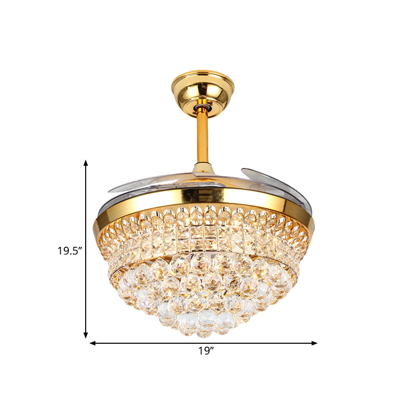 Tapered Beveled Crystal Semi Flush Lamp Minimalist 19" Width LED Gold Hanging Fan Light with 4 Blades Clearhalo 'Ceiling Fans with Lights' 'Ceiling Fans' 'Modern Ceiling Fans' 'Modern' Lighting' 1724927