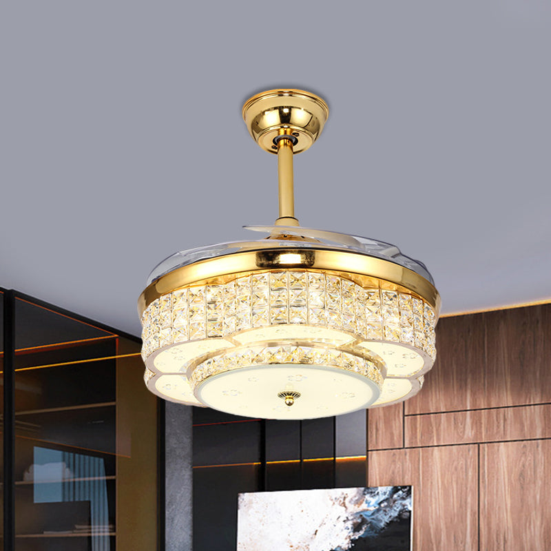 Flower Drawing Room Pendant Fan Lighting Faceted Crystal LED Modernism Semi Flush Light in Gold with 4-Blade, 19" W Gold Clearhalo 'Ceiling Fans with Lights' 'Ceiling Fans' 'Modern Ceiling Fans' 'Modern' Lighting' 1724928