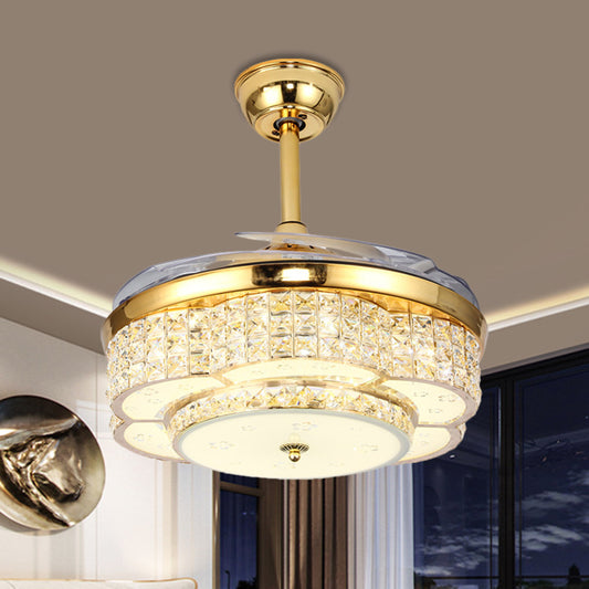 Flower Drawing Room Pendant Fan Lighting Faceted Crystal LED Modernism Semi Flush Light in Gold with 4-Blade, 19" W Clearhalo 'Ceiling Fans with Lights' 'Ceiling Fans' 'Modern Ceiling Fans' 'Modern' Lighting' 1724929