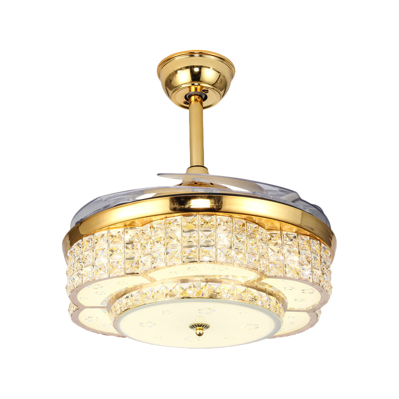 Flower Drawing Room Pendant Fan Lighting Faceted Crystal LED Modernism Semi Flush Light in Gold with 4-Blade, 19" W Clearhalo 'Ceiling Fans with Lights' 'Ceiling Fans' 'Modern Ceiling Fans' 'Modern' Lighting' 1724930