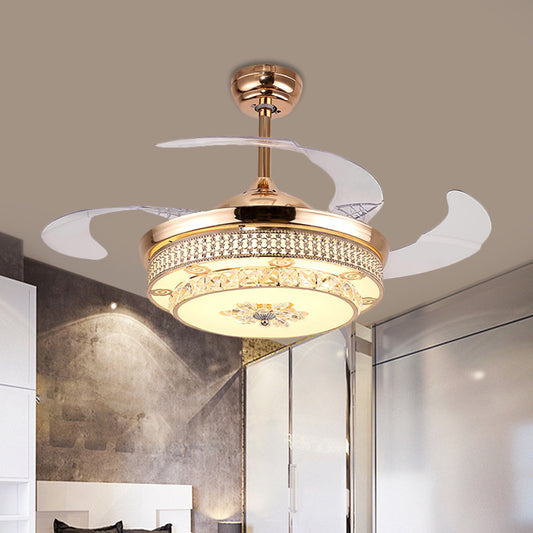 4 Blades Round Semi Flush Light Fixture Minimalism Hand-Cut Crystal 19" Wide LED Gold Pendant Fan Lamp Clearhalo 'Ceiling Fans with Lights' 'Ceiling Fans' 'Modern Ceiling Fans' 'Modern' Lighting' 1724933