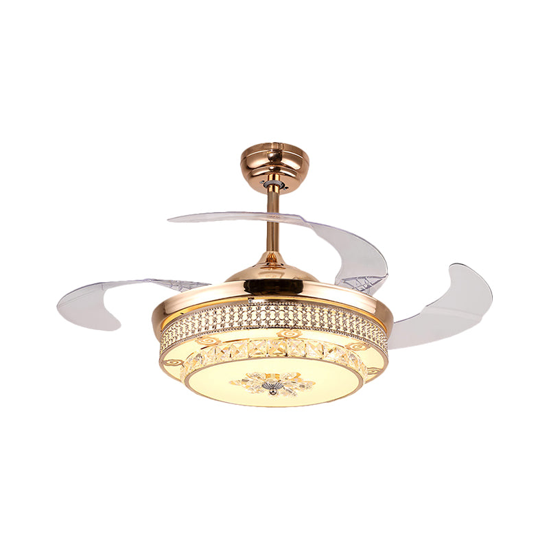 4 Blades Round Semi Flush Light Fixture Minimalism Hand-Cut Crystal 19" Wide LED Gold Pendant Fan Lamp Clearhalo 'Ceiling Fans with Lights' 'Ceiling Fans' 'Modern Ceiling Fans' 'Modern' Lighting' 1724934