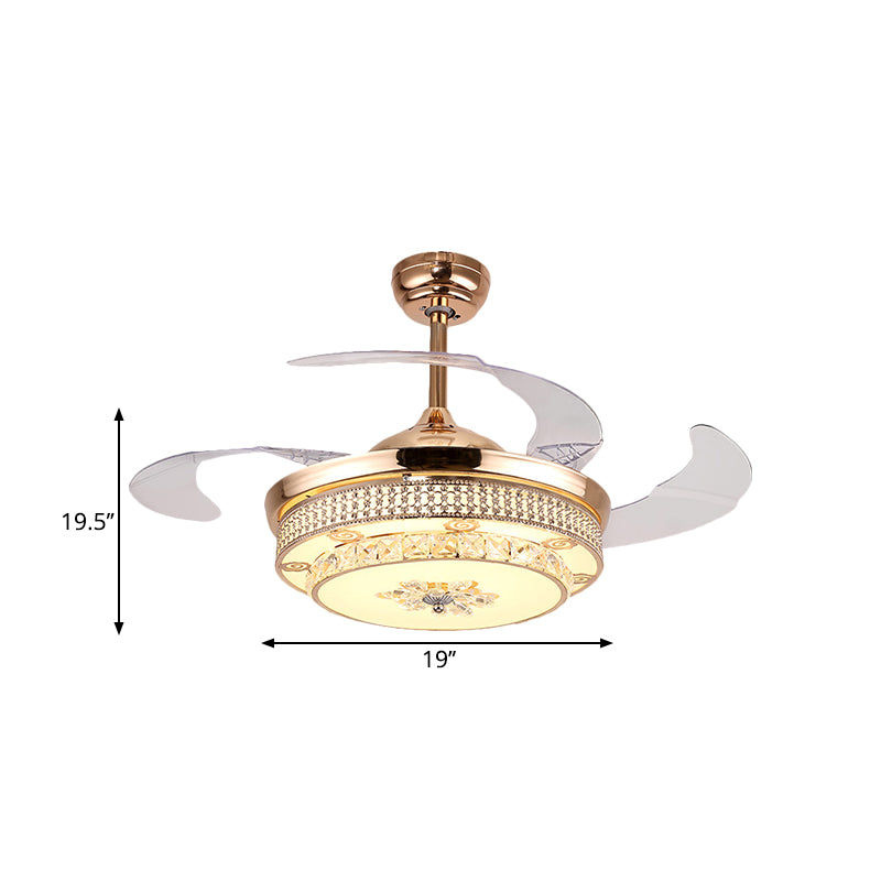 4 Blades Round Semi Flush Light Fixture Minimalism Hand-Cut Crystal 19" Wide LED Gold Pendant Fan Lamp Clearhalo 'Ceiling Fans with Lights' 'Ceiling Fans' 'Modern Ceiling Fans' 'Modern' Lighting' 1724935