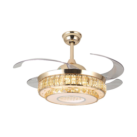 19" W LED Parlor Ceiling Fan Lamp Simplicity Gold 4-Blade Semi Flush with 2-Tier Crystal Block Shade Clearhalo 'Ceiling Fans with Lights' 'Ceiling Fans' 'Modern Ceiling Fans' 'Modern' Lighting' 1724938