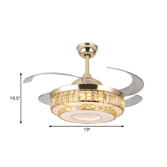 19" W LED Parlor Ceiling Fan Lamp Simplicity Gold 4-Blade Semi Flush with 2-Tier Crystal Block Shade Clearhalo 'Ceiling Fans with Lights' 'Ceiling Fans' 'Modern Ceiling Fans' 'Modern' Lighting' 1724939