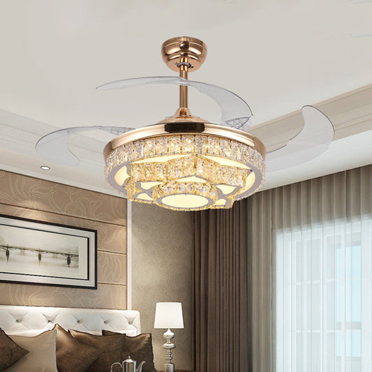 Simple Lotus Hanging Fan Lamp Crystal Block 19" Wide LED Bedroom Semi Flush Light in Gold/Chrome with 4 Blades Gold Clearhalo 'Ceiling Fans with Lights' 'Ceiling Fans' 'Modern Ceiling Fans' 'Modern' Lighting' 1724944