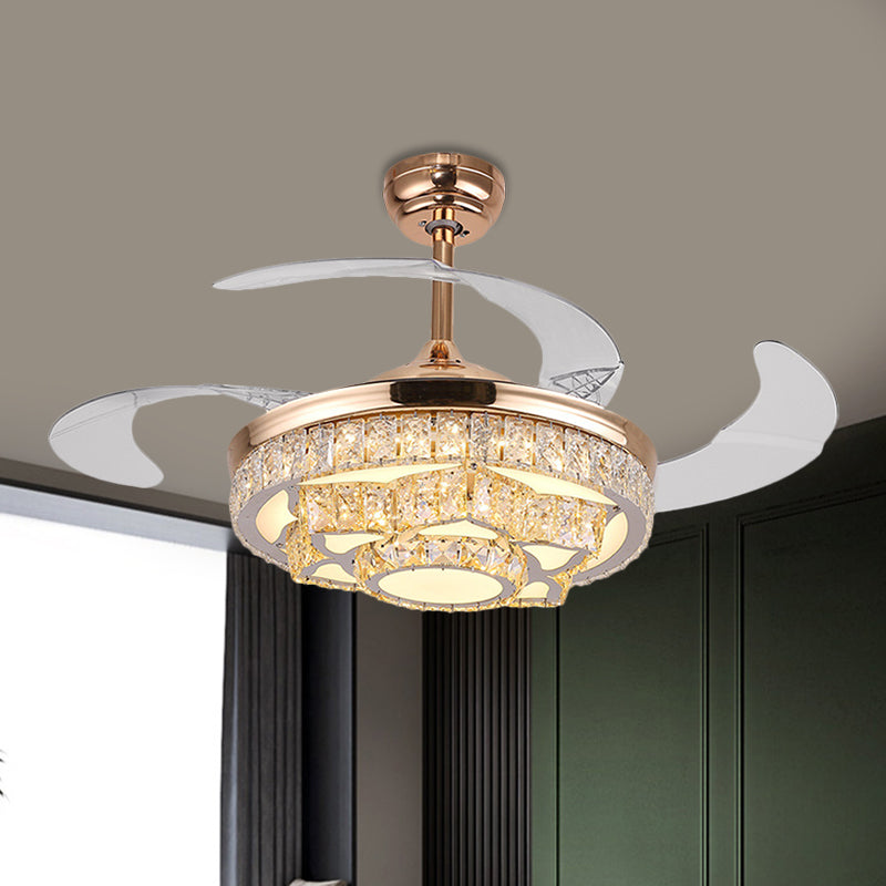 Simple Lotus Hanging Fan Lamp Crystal Block 19" Wide LED Bedroom Semi Flush Light in Gold/Chrome with 4 Blades Clearhalo 'Ceiling Fans with Lights' 'Ceiling Fans' 'Modern Ceiling Fans' 'Modern' Lighting' 1724945