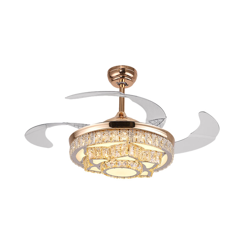 Simple Lotus Hanging Fan Lamp Crystal Block 19" Wide LED Bedroom Semi Flush Light in Gold/Chrome with 4 Blades Clearhalo 'Ceiling Fans with Lights' 'Ceiling Fans' 'Modern Ceiling Fans' 'Modern' Lighting' 1724946