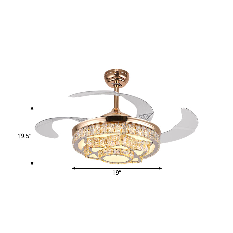Simple Lotus Hanging Fan Lamp Crystal Block 19" Wide LED Bedroom Semi Flush Light in Gold/Chrome with 4 Blades Clearhalo 'Ceiling Fans with Lights' 'Ceiling Fans' 'Modern Ceiling Fans' 'Modern' Lighting' 1724947