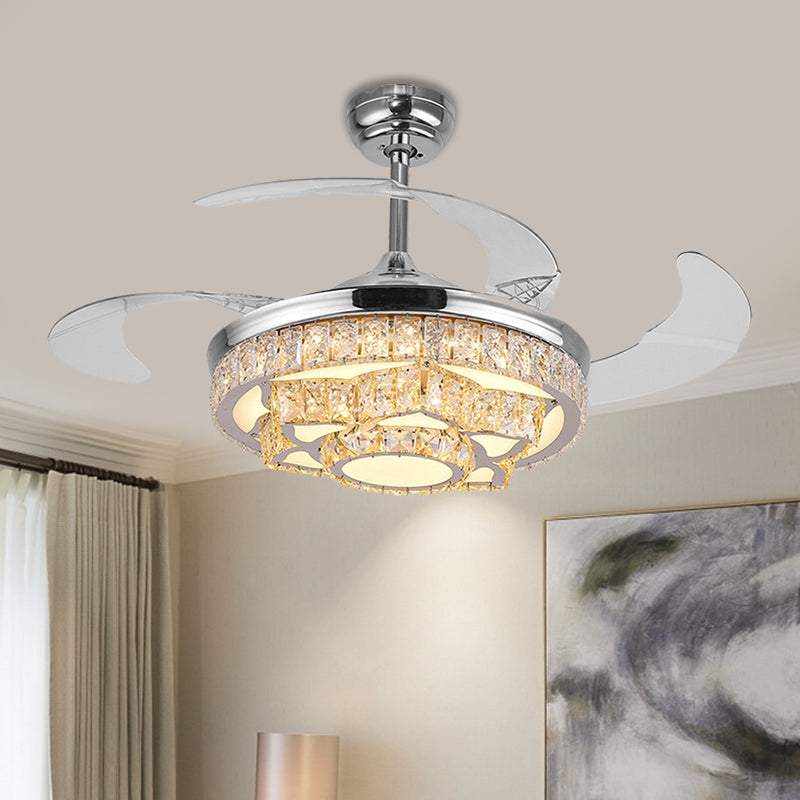 Simple Lotus Hanging Fan Lamp Crystal Block 19" Wide LED Bedroom Semi Flush Light in Gold/Chrome with 4 Blades Clearhalo 'Ceiling Fans with Lights' 'Ceiling Fans' 'Modern Ceiling Fans' 'Modern' Lighting' 1724949