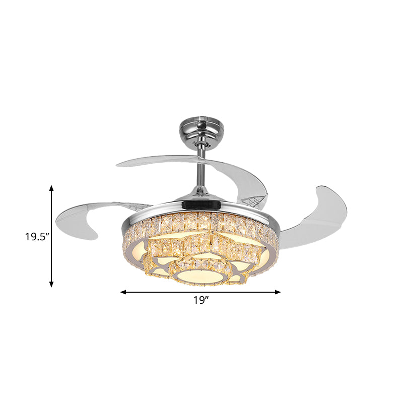 Simple Lotus Hanging Fan Lamp Crystal Block 19" Wide LED Bedroom Semi Flush Light in Gold/Chrome with 4 Blades Clearhalo 'Ceiling Fans with Lights' 'Ceiling Fans' 'Modern Ceiling Fans' 'Modern' Lighting' 1724952