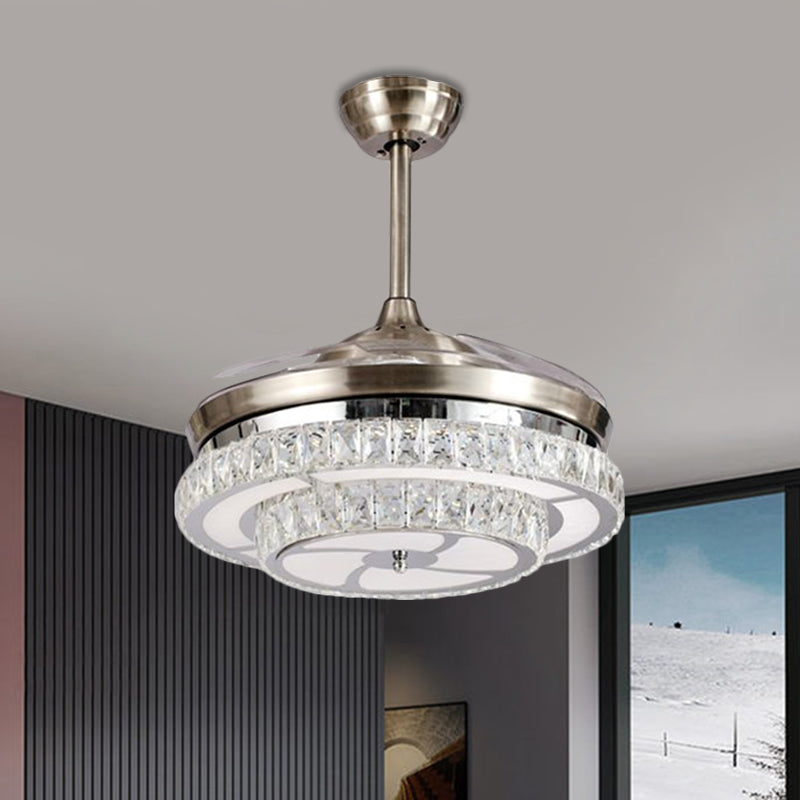 Crystal Block Circle Semi Mount Lighting Modernism LED Hanging Fan Light in Chrome with 4-Blade, 19" Wide Chrome Clearhalo 'Ceiling Fans with Lights' 'Ceiling Fans' 'Modern Ceiling Fans' 'Modern' Lighting' 1724953